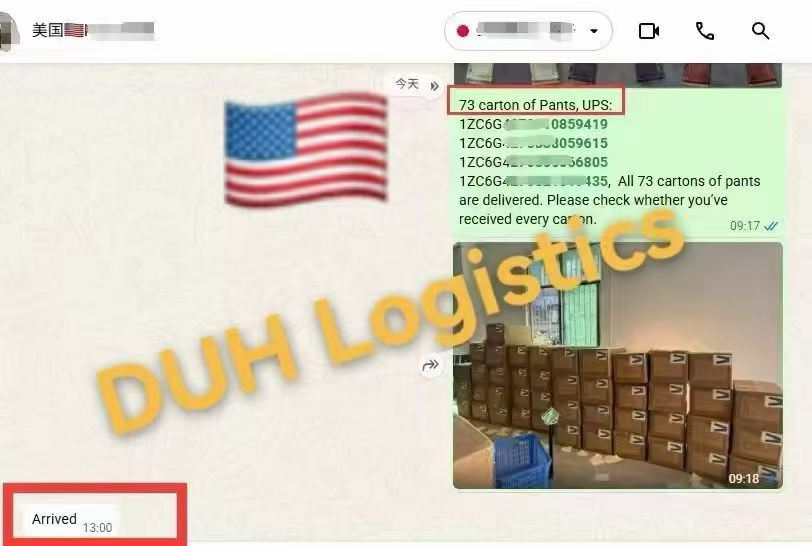 WhatsApp confirmation of 73 cartons of pants delivered by UPS